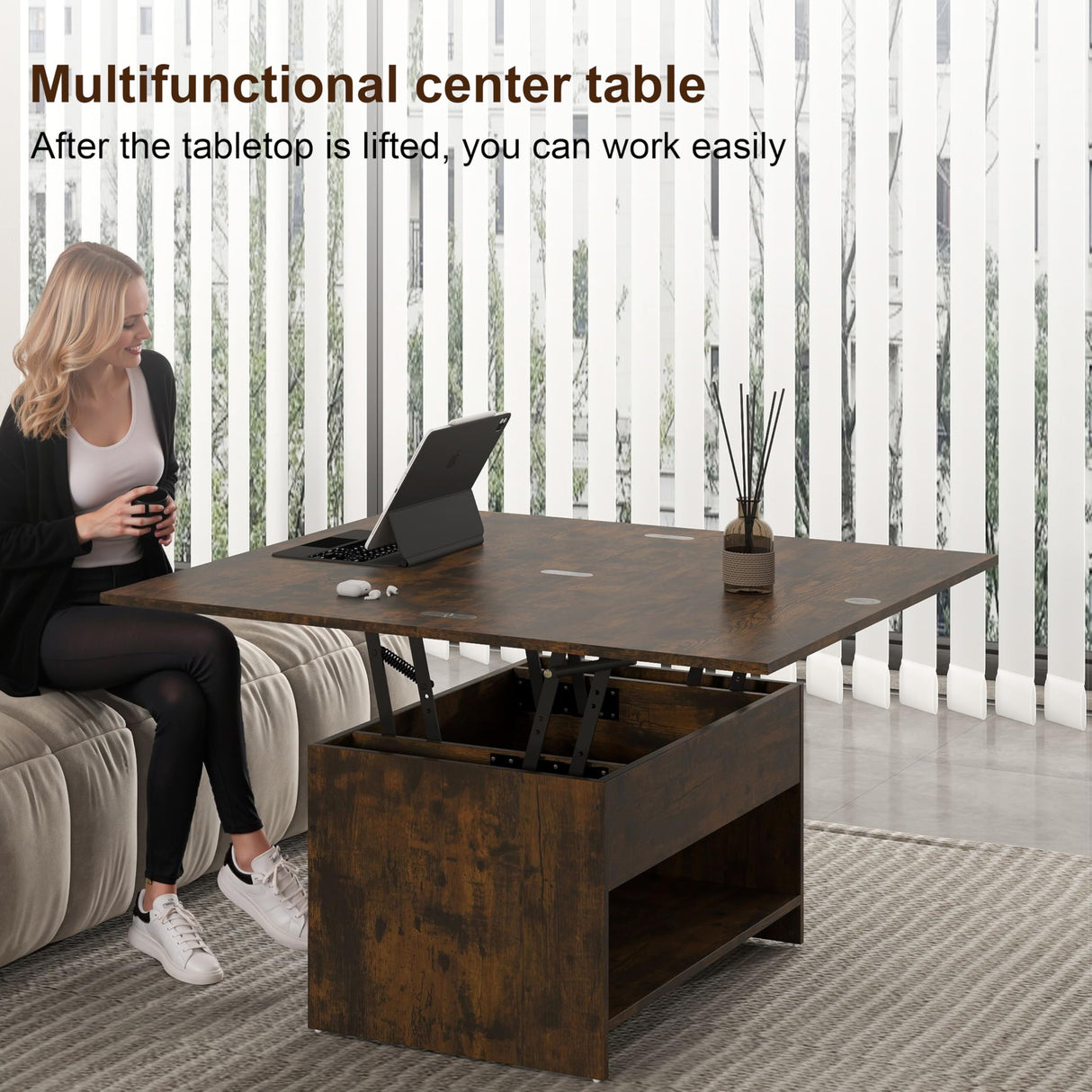 Manora 40'' Farmhouse Multi-Functional Lift-Top Coffee Table with Hidden Storage & Open Shelf, 4-in-1 Convertible Center Table for Living Room, Small Spaces, Dining or Home Office Workstation (Brown) Manora