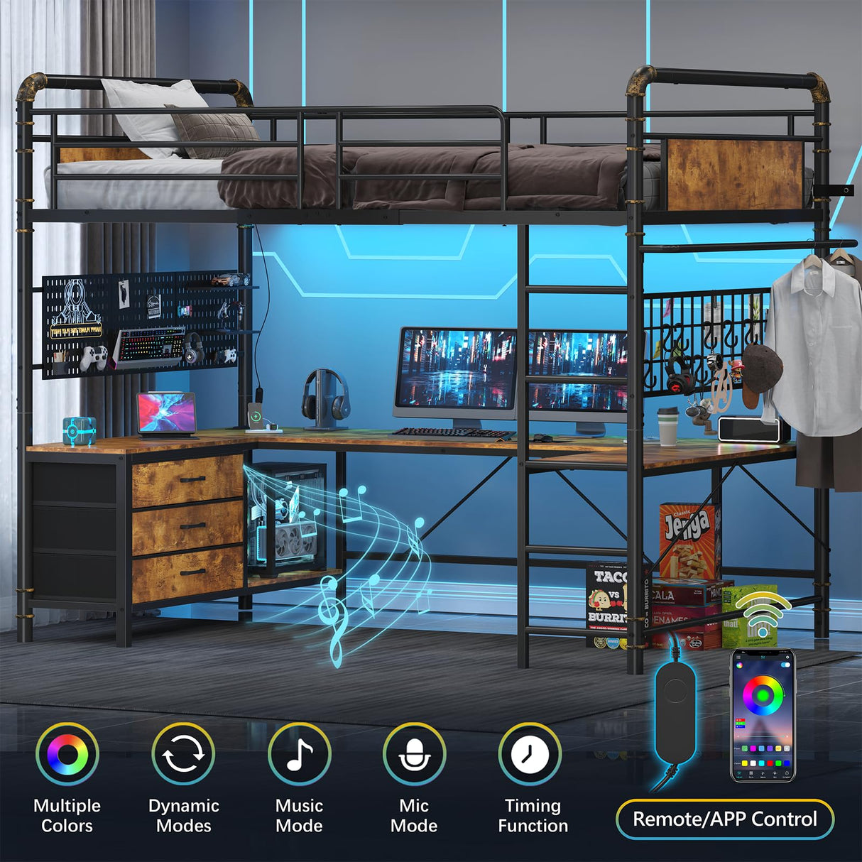 CSZZD Twin Loft Bed with U-Shaped Desk, Metal Loft Bed with LED Lights, Charging Station, Industrial Heavy Duty Bunk Loft Bed Frame with Desk and 3 Storage Drawers, 3 Pegboards, Safety Guard & Ladder CSZZD