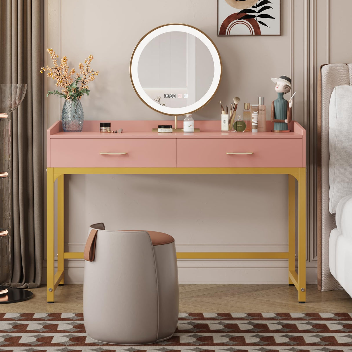 WESTREE Computer Gaming Desk Office - Study Writing Desk with Drawer for Teen, Bedroom Makeup Desk Home Office with Storage Shelf, Height Monitor Stand, Pink WESTREE