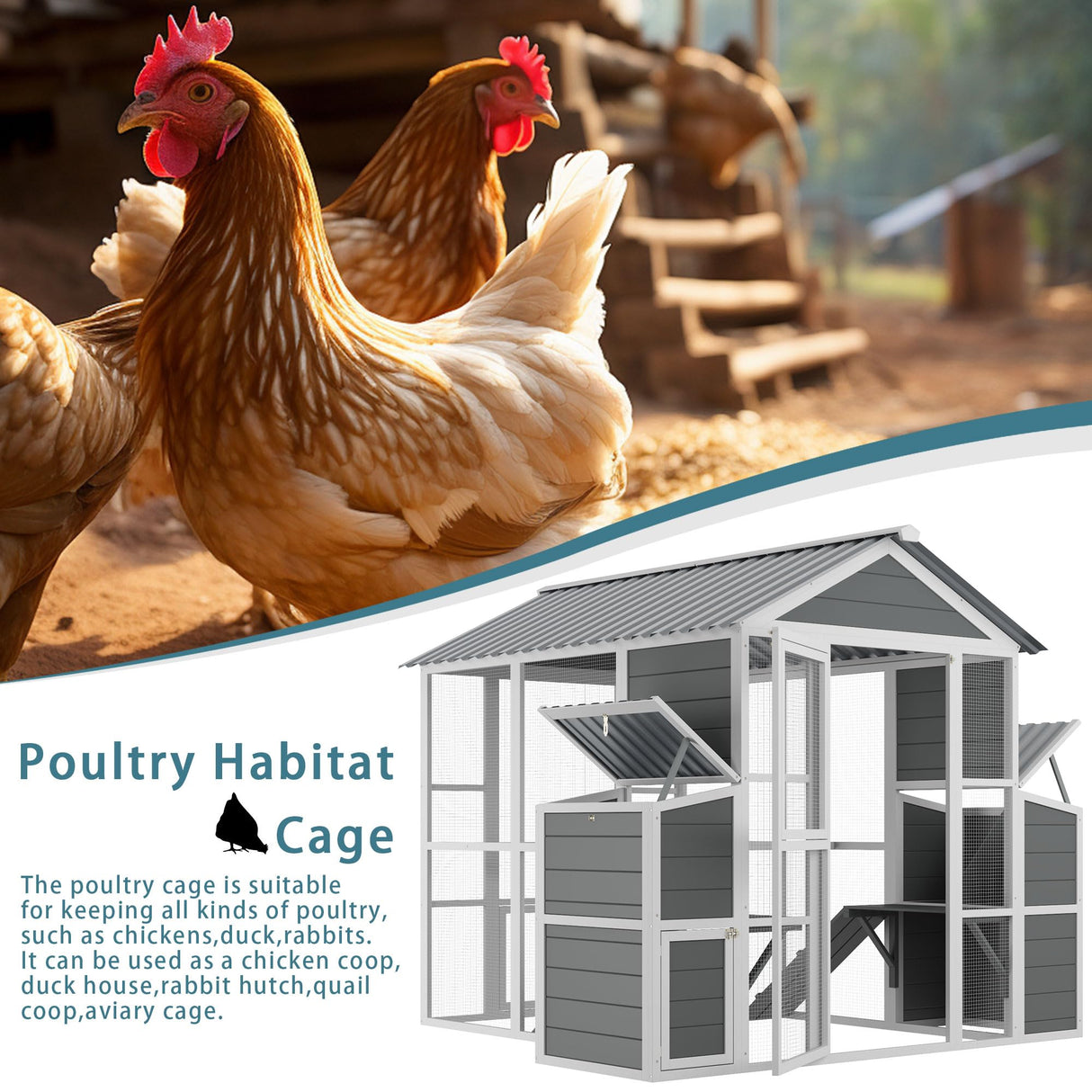 YOPTO Chicken Coop for 10 Chickens,Extra Large Wooden Chicken House Outdoor Nest Box Hen Houses with 2 Chicken Nesting Boxes,Poultry Pet Hutch w/Walk in Desgin,Ramp and Run,Waterproof Roof YOPTO