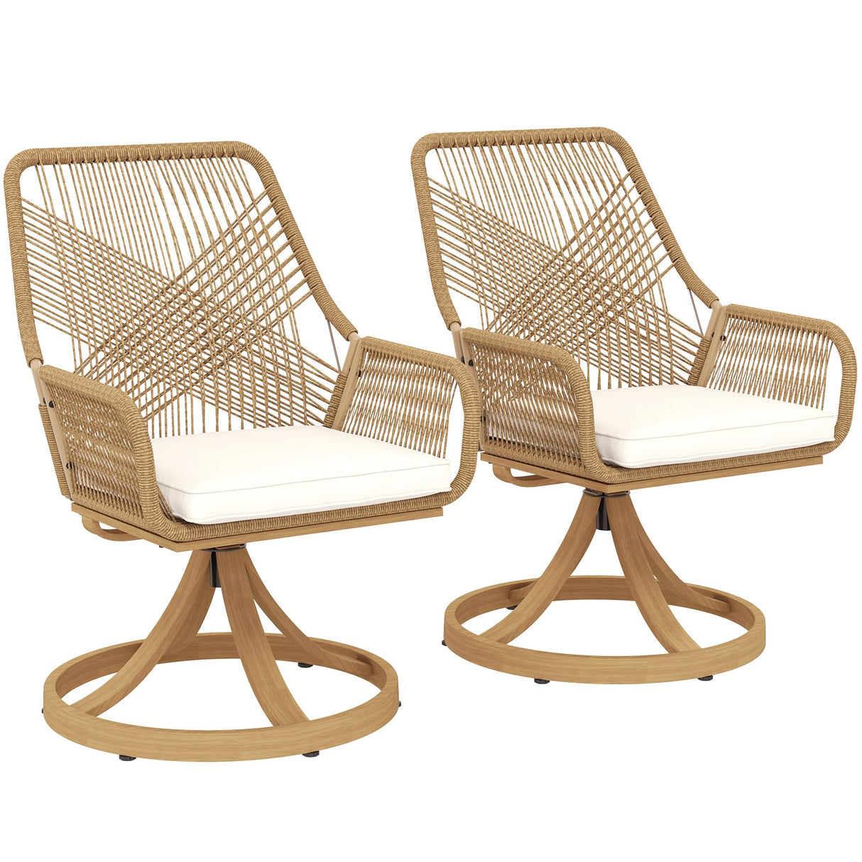 Outsunny Swivel Patio Chairs Set of 2, Rattan Outdoor Patio Dining Chairs with Soft Cushions and Metal Frame for Backyard, Lawn, Porch, or Garden, Khaki Outsunny