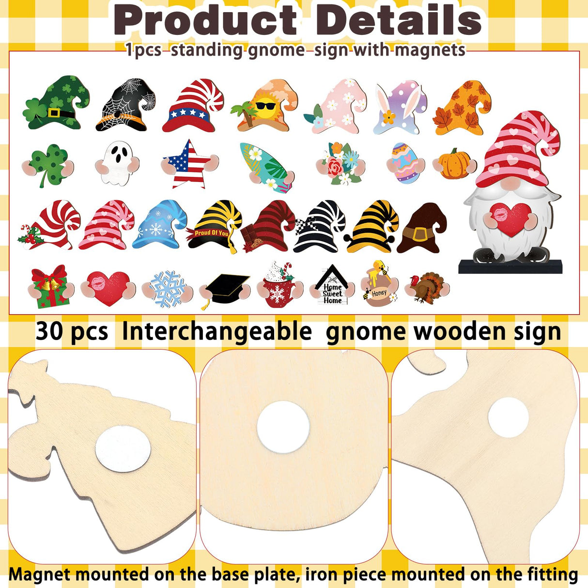 Blulu 32 Pcs Christmas Interchangeable Wooden Gnome Decor DIY Holiday Christmas Seasonal Tiered Tray Decoration Gnomes with Magnet Pieces Welcome Sign for Xmas Holiday Decorations (Fresh) Blulu