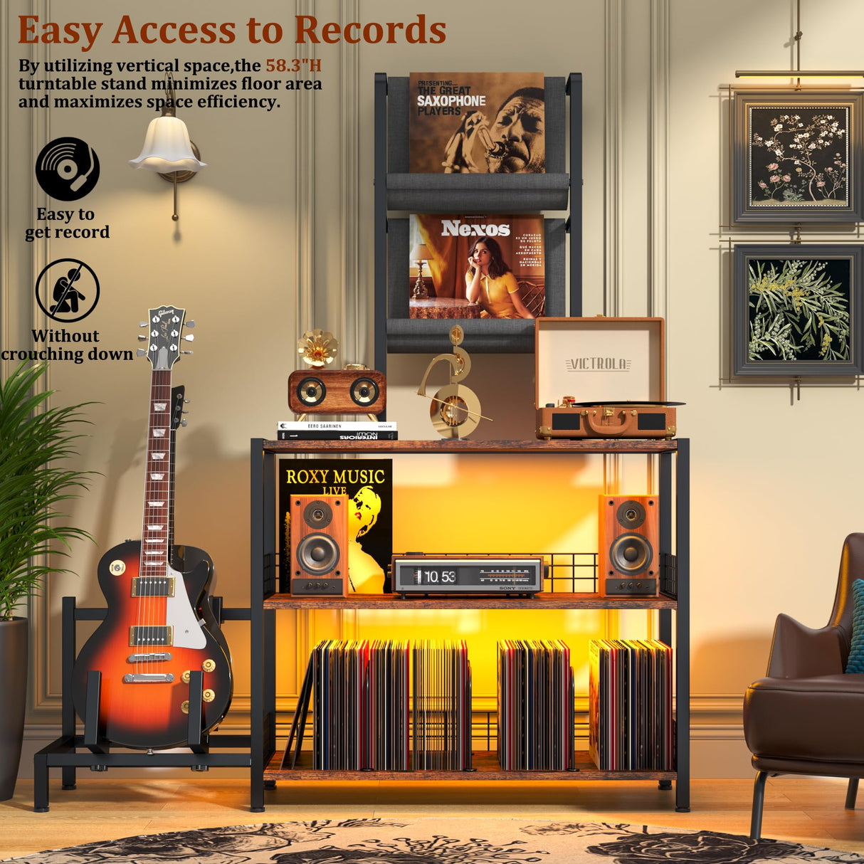 kepptory Tall Vinyl Record Player Stand with LED Lights, 3 Tier Record Storage Cabinet with Vinyl Holder and Guitar Stand, Media Display Shelf, Mid Century Modern Bookshelf, Turntable Stand (Brown) kepptory