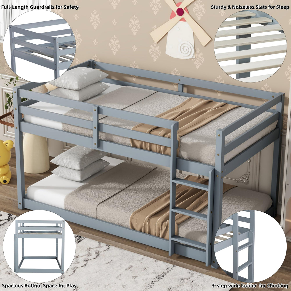 ZJIAH Low Bunk Bed Twin Over Twin, Solid Wood Floor Bunk Bed Frame with Ladder & Safety Guardrails, Twin Bunk Beds for Kids Boys and Girls, Saving Space, No Box Spring Needed, Gray ZJIAH