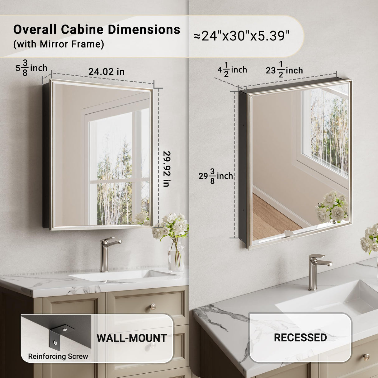 QueenFun 24''x 30'' Brushed Nickel Medicine Cabinet, Recessed or Surface Framed Medicine Cabinet with Beveled Mirror Pre-Assembled, Reversible Bathroom Storage Vanity Cabinet with Adjustable Shelves QueenFun