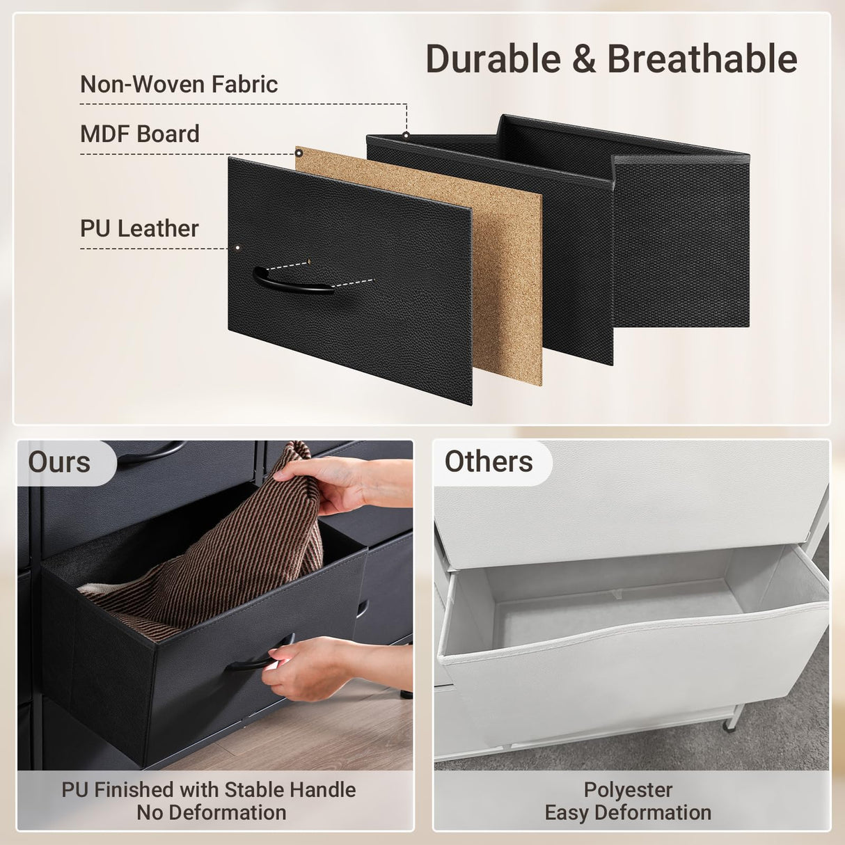 ELYKEN 50”W Black Dresser for Bedroom, Tall Dresser with 12 Drawers and Charging Station, Fabric Chest of Drawers with PU Finish Storage Drawers for Entryway Closet Living Room Hallway ELYKEN