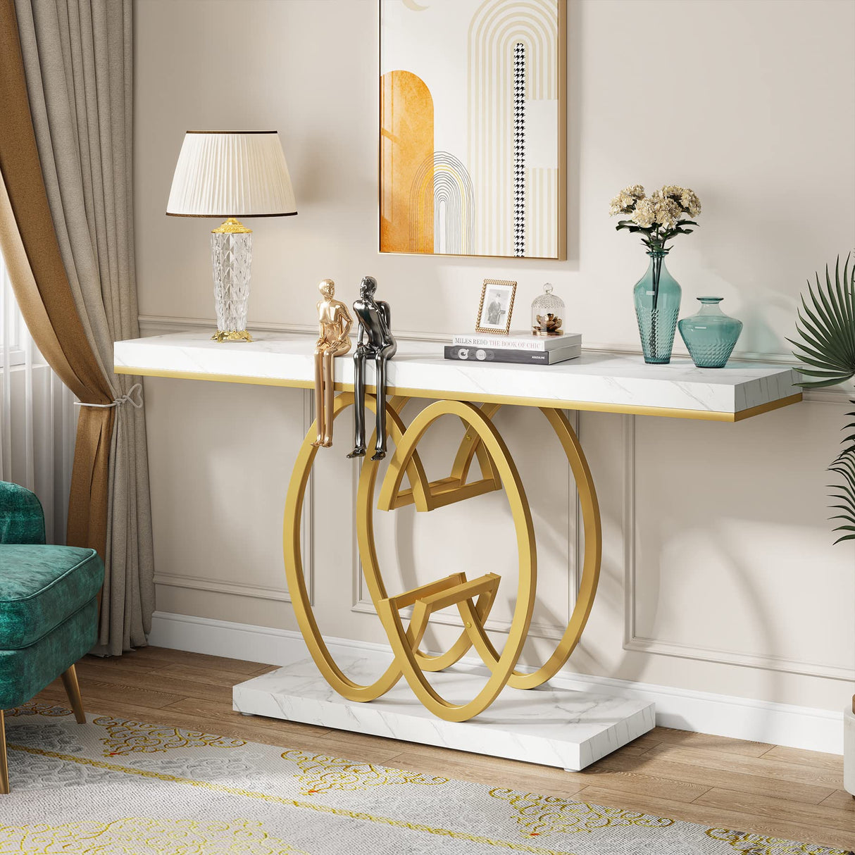 Tribesigns 55 Inch Console Table for Hallway, Faux Marble Gold Entryway Table with Geometric Metal Base, Modern Narrow Sofa Accent Table for Entrance, Living Room, Foyer (White & Gold) Tribesigns