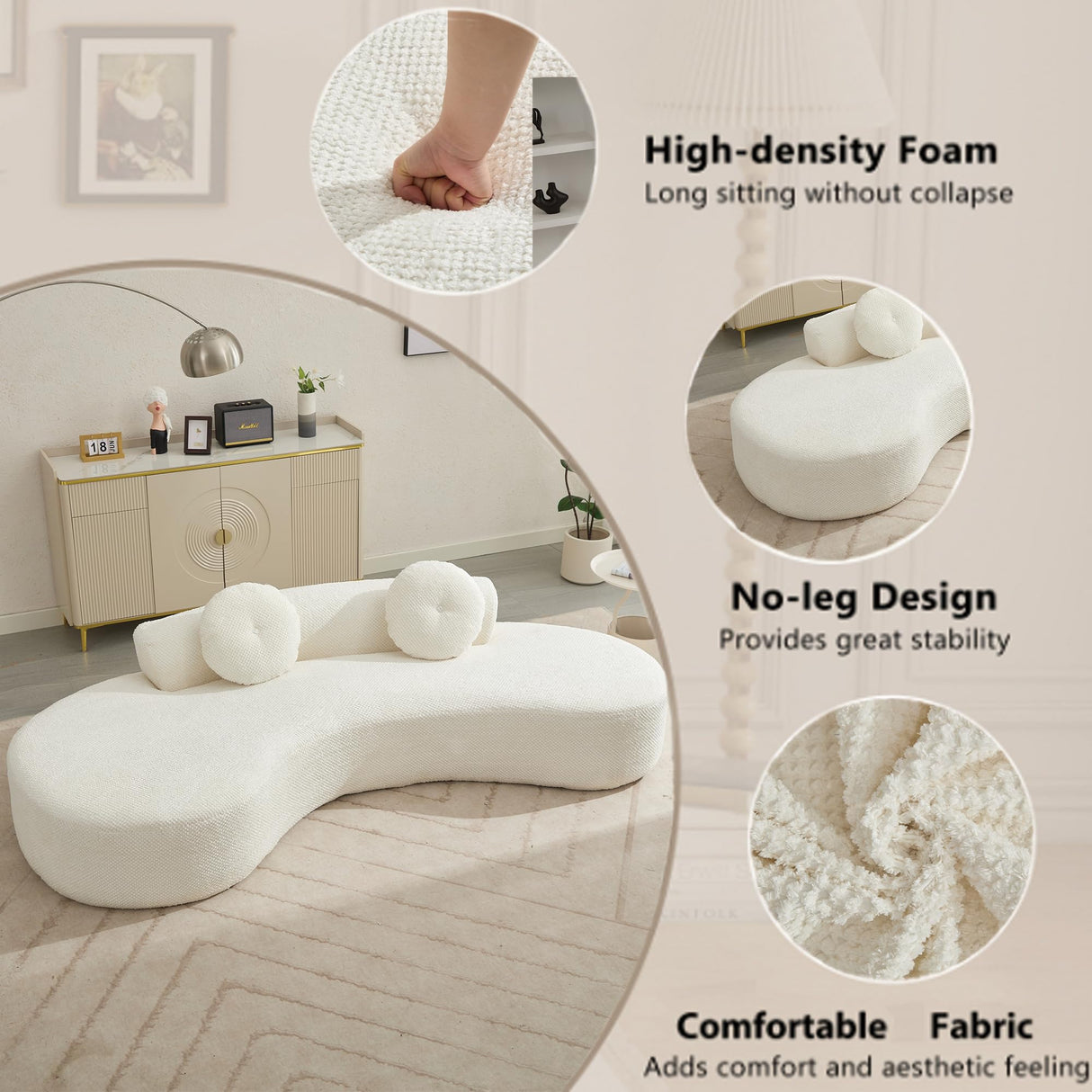 105.5''Curved Sofa,Cloud Couch Sofa,Modern Minimalist Sofa,3-4 Seater Couch with 2 Pillows,Bedroom, No Assembly Required, Point-Shaped Corduroy White HZANHY