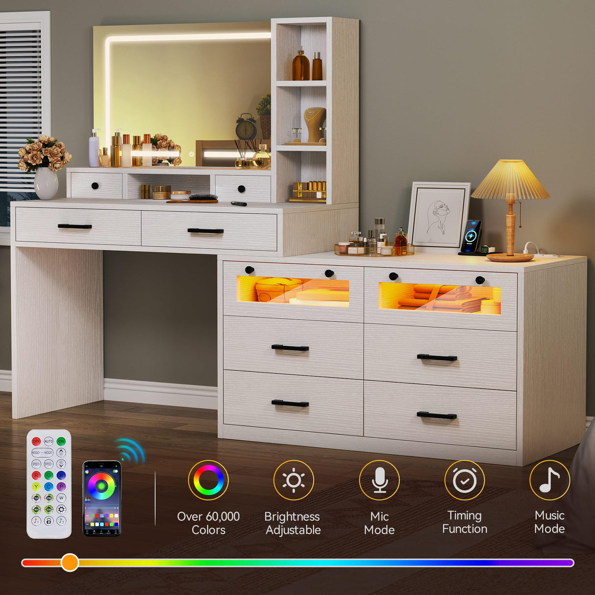 YITAHOME Vanity Desk with Mirror and Lights, RGB Makeup Vanity Table Set with 10 Drawers and 4 Storage Shelves, 3 Lighting Modes Adjustable, Large Makeup Dressing Table with Charging Station, White YITAHOME