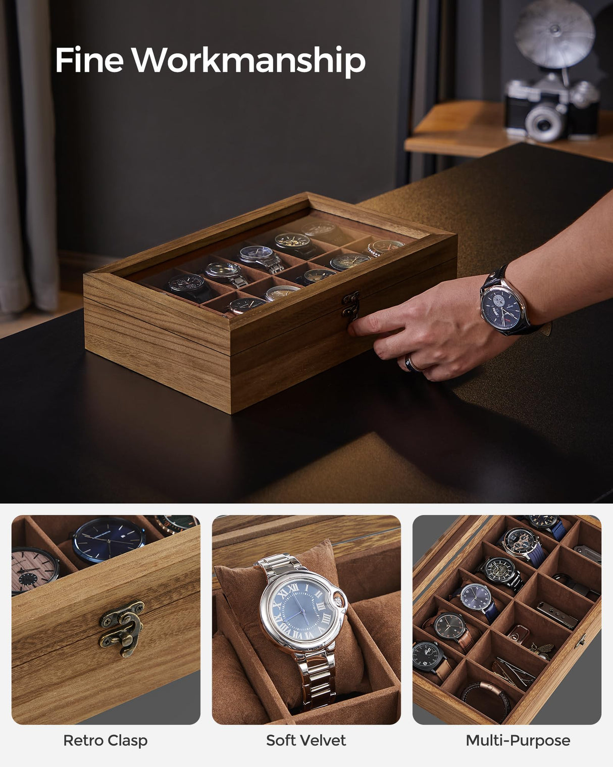 SONGMICS Watch Box with 12 Slots, Watch Case, Solid Wood Watch Box Organiser with Glass Lid, Watch Display Box with Removable Pillows, Gift Idea, SONGMICS