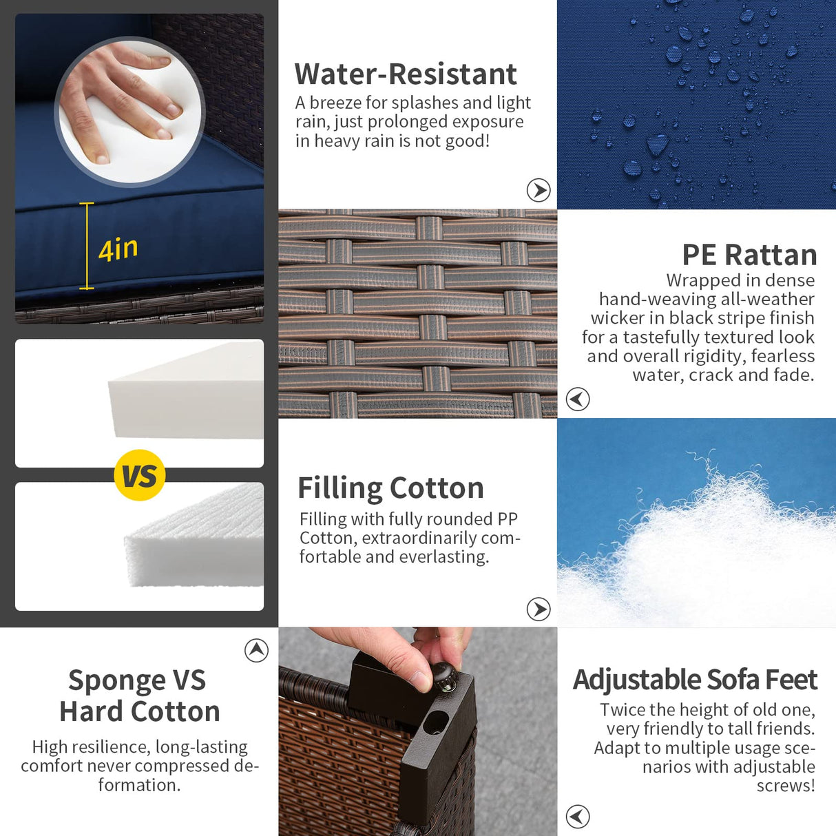 Rattaner 3-Seat Patio Wicker Sofa, Outdoor Rattan Couch Furniture Steel Frame with Furniture Cover and Deep Seat High Back, Blue Anti-Slip Cushion. Rattaner