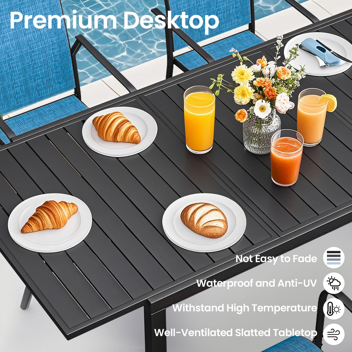 BUPPLEE 38"-84" Extendable Outdoor Dining Table Set for 4-8 Person, Rectangular Outdoor Furniture Adjustable Table & 6pcs Textilene Chairs for Porch,Backyard, Garden, Poolside and Deck-7 Piece Blue BUPPLEE