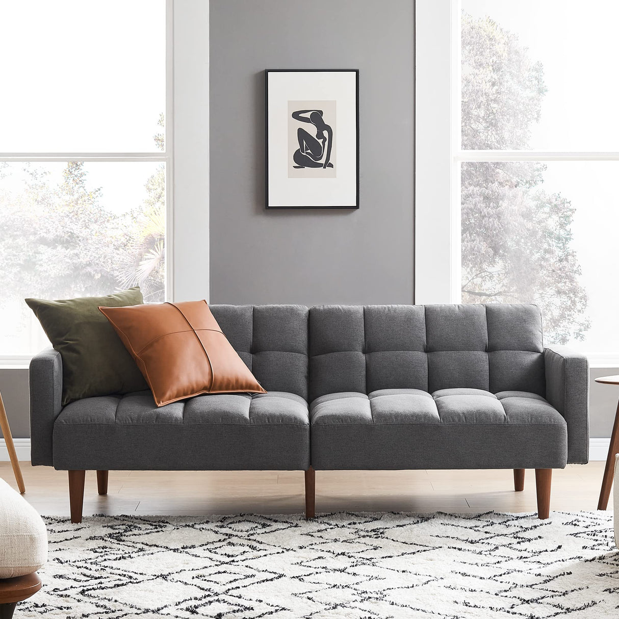 mopio Aaron Couch, Small Sofa, Futon, Sofa Bed, Sleeper Sofa, Loveseat, Mid Century Modern Futon Couch, Sofa Cama, Couches for Living Room, Bedroom (Dark Gray, Fabric) mopio