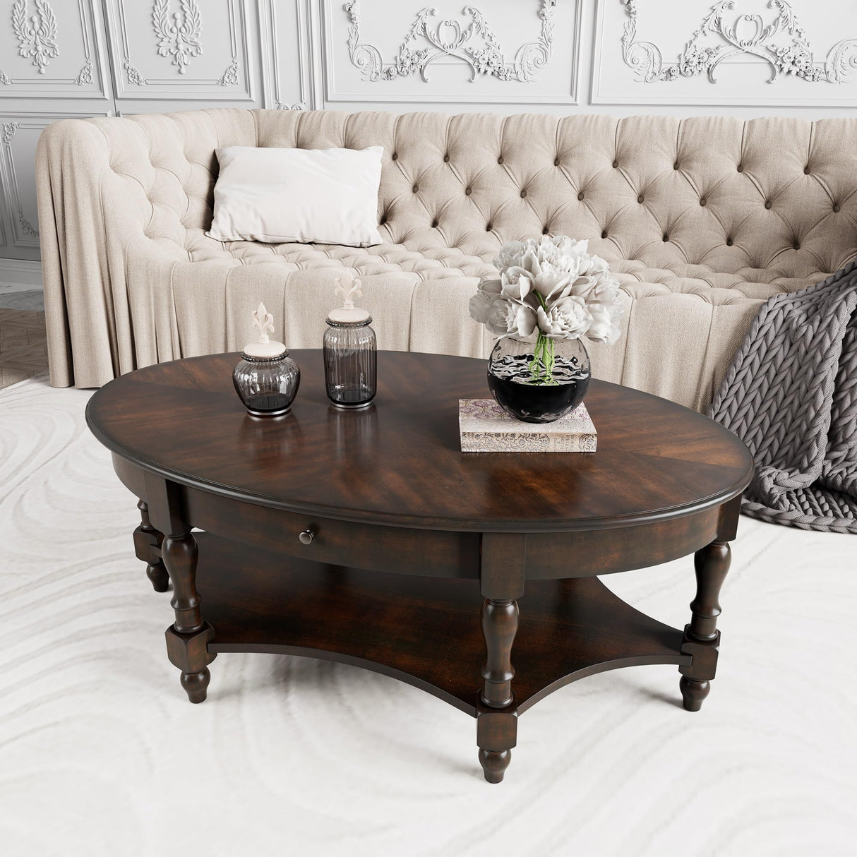 JESONVID Solid Wood Oval Coffee Table with Drawer and Storage Shelf, 44.9" Traditional Retro Center Table Polished Edging Cocktail Tea Table for Living Room Bedroom Home, Vintage Walnut JESONVID