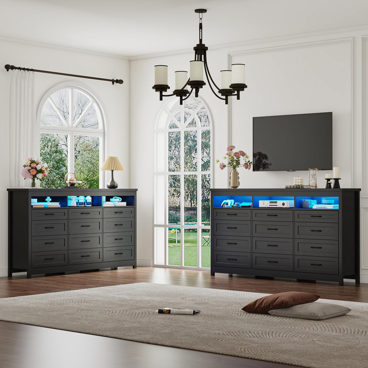 Hlivelood Farmhouse 12 Drawer Dresser with LED Lights, 71" Wide Large Chest of Drawers for Bedroom, Modern Wood Dresser Storage Organizer with Charging Station for Living Room, Bedroom, Hallway, Black Hlivelood