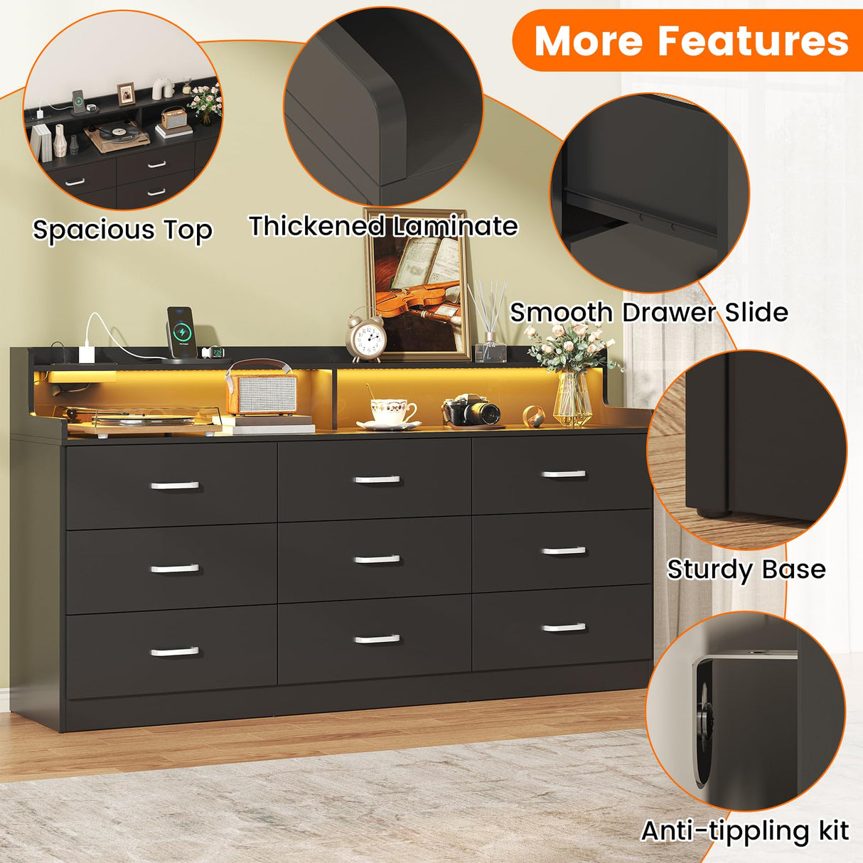 Bigbiglife 9 Drawer Dresser with Built in Power Outlet and LED Light, Modern Chest of Drawers for Bedroom, Triple Wide Drawer Organizer Cabinet for Living Room, Entryway, Hallway, Black Bigbiglife