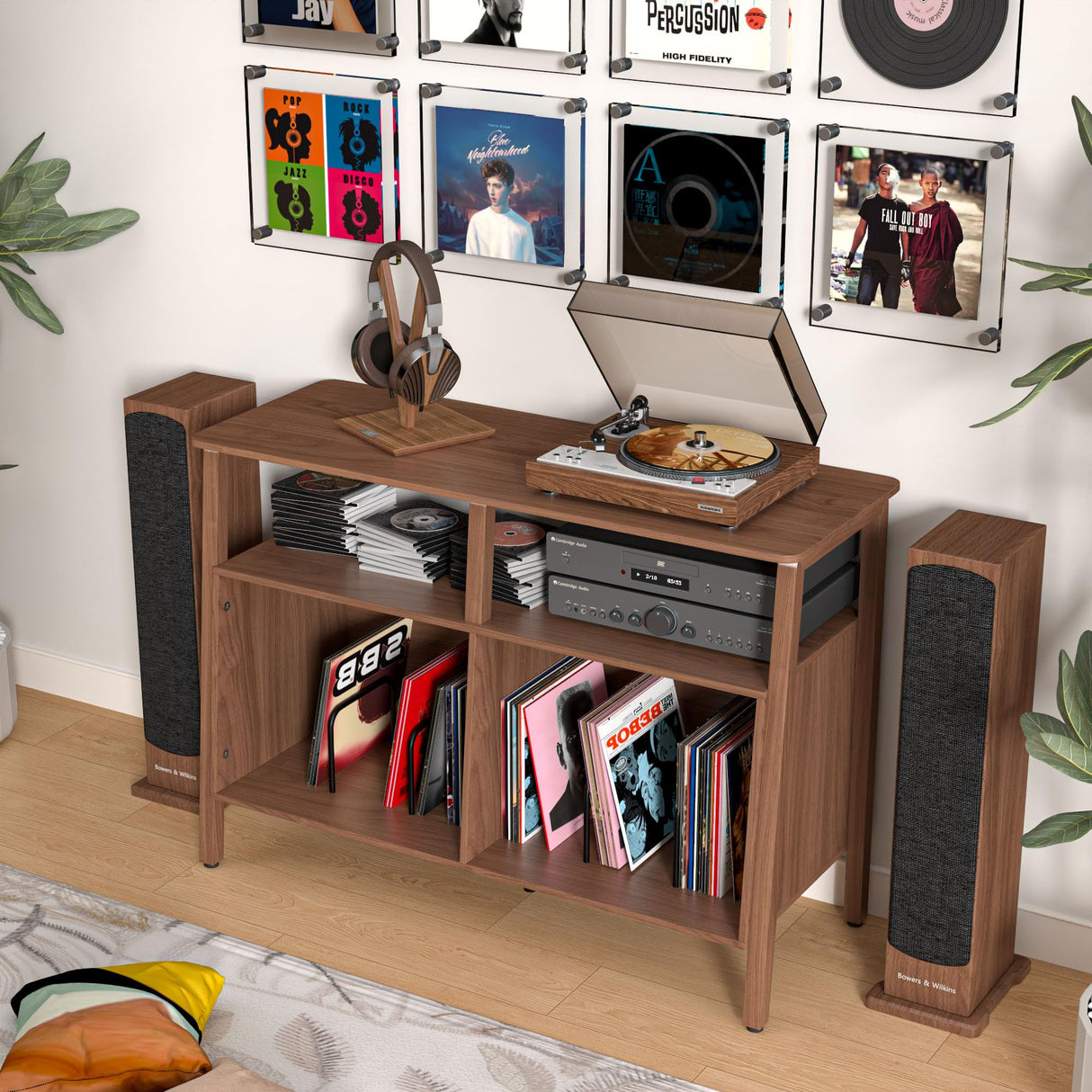 Mxtxmy Large Record Player Stand,Mid Century Turntable Stand Table with Open Storage Holds up to 300 Albums,Vinyl Record Storage Display Shelf for Living Room Bedroom (Walnut) Mxtxmy
