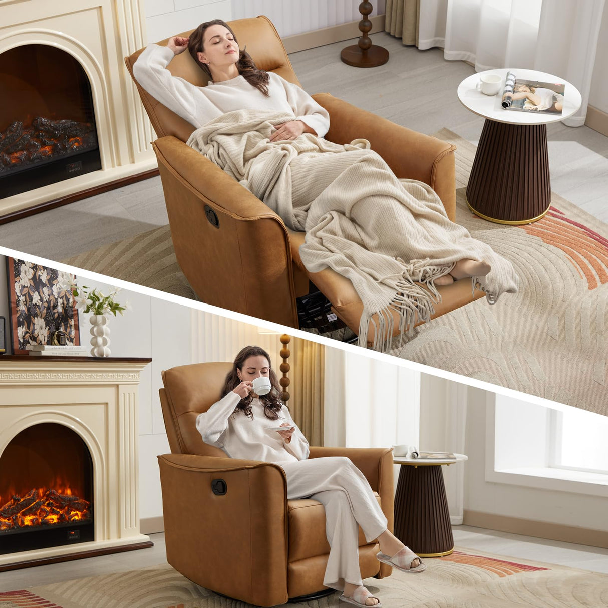 ANJ Manual Swivel Rocker Recliner, Glider Recliners with Padded Armrest and Backrest, Soft Leather Nursery Rocking Recliner Chair Reclining Sofa for Living Room ANJ