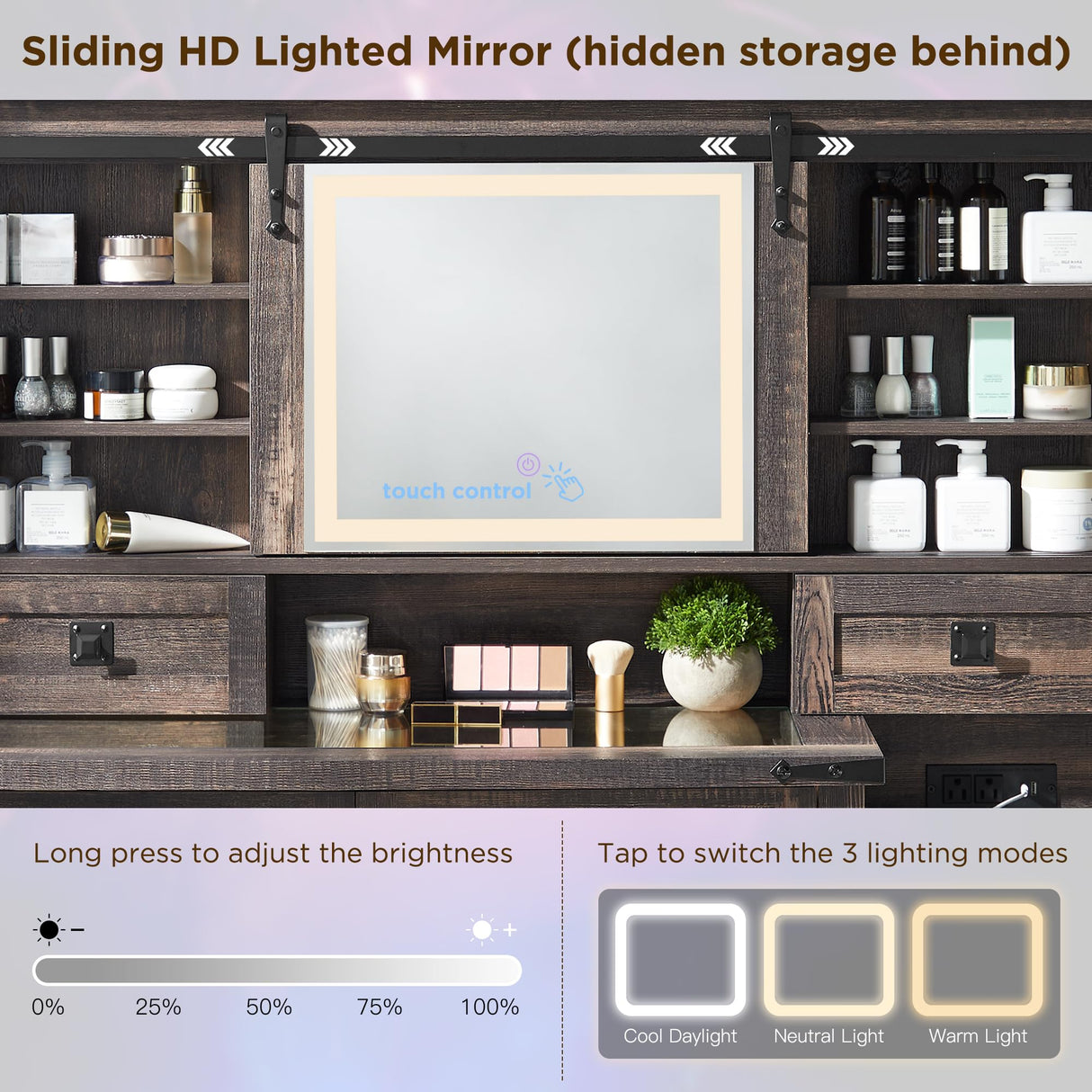 T4TREAM 48'' Farmhouse Makeup Vanity Desk with Sliding HD Mirror and Lights, Big Modern Lighted Vanity Table with 7 Drawers & Shelves, Rustic Large Dressing Table for Bedroom, Dark Rustic Oak T4TREAM