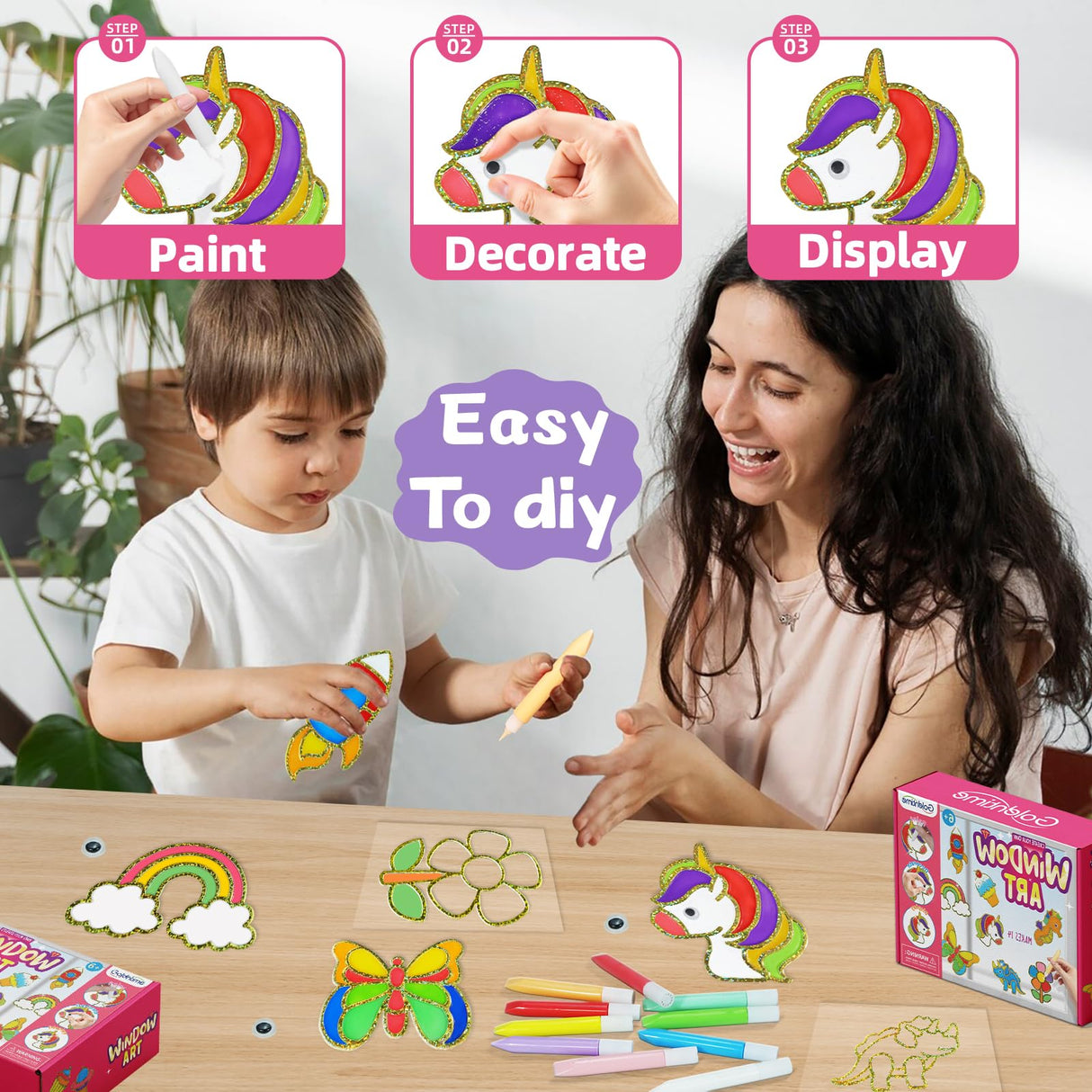goldentime Create Your Own Fun Window Art Kit for Kids Ages 6+ Including 14 DIY Suncatchers with 10 Window Paints, Glitter & Googly Eyes âPerfect Kids Window Painting Craft Kit for DIY Window Art goldentime