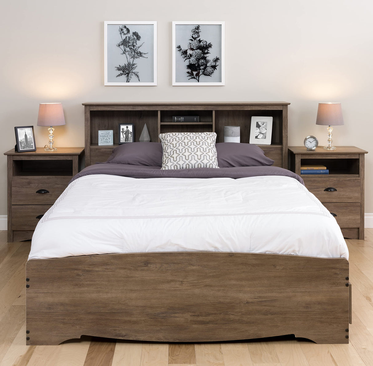 Prepac Salt Spring Rustic Full/Queen Headboard with Bookcase, Farmhouse Bookcase Headboard for Full/Queen Beds 11" D x 65.75" W x 43" H, Drifted Gray, DSH-6643-V Prepac