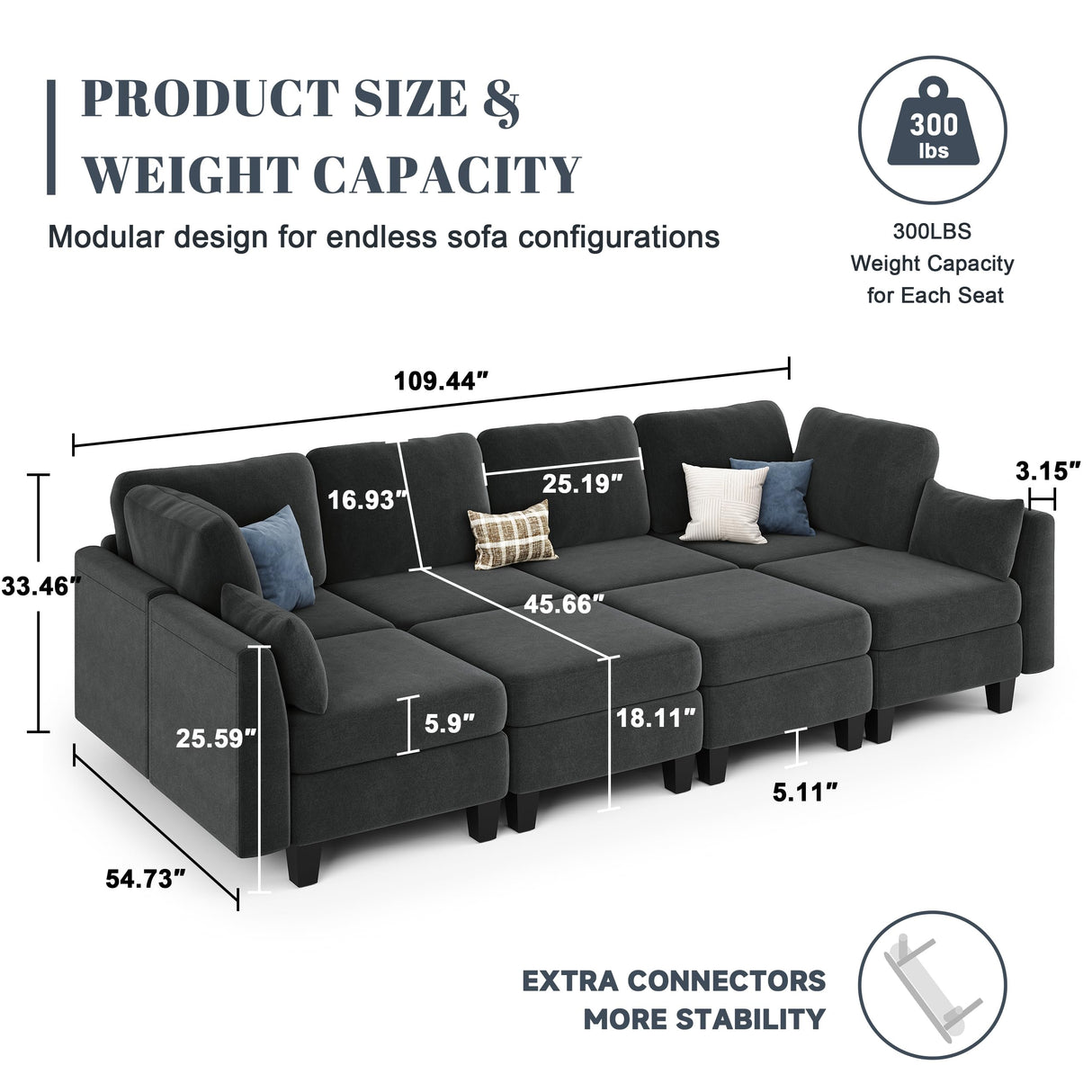 Dowiean Sectional Sleeper Sofa, 8 Seaters Modular Sleeper Sofa Couch, Comfy Sectionals Couches Bed, Convertible Sofas with Ottomans, Modular Sectional Couches for Living Room, Dark Grey Dowiean