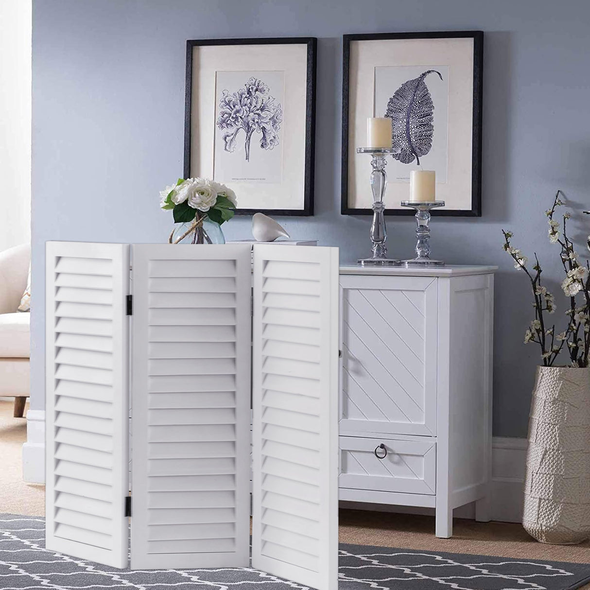 SOFE Wood Short Room Divider 3 Panel, 2.6 Ft Tall Shutters Folding Divider for Room Separation, White Room Partitions and Dividers Freestanding, Foldable Wall for Home Bedroom Office SOFE