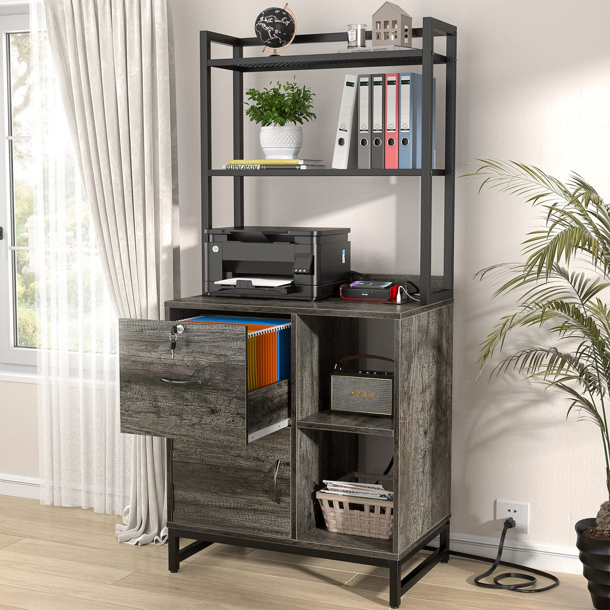 Homieasy Grey Oak Vertical Filing Cabinet with Lock & Charging Station, Large Drawer & Bookshelf Homieasy