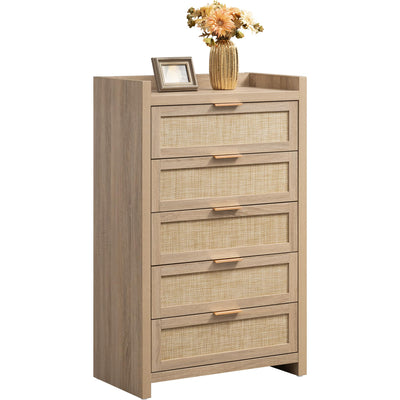 SICOTAS Dresser for Bedroom Chest of Drawers 46" Tall Dresser for Closet with 5 Rattan Drawers Boho Night Stand Large Clothes Storage Cabinet for Living Room Hallway Nursery Entryway