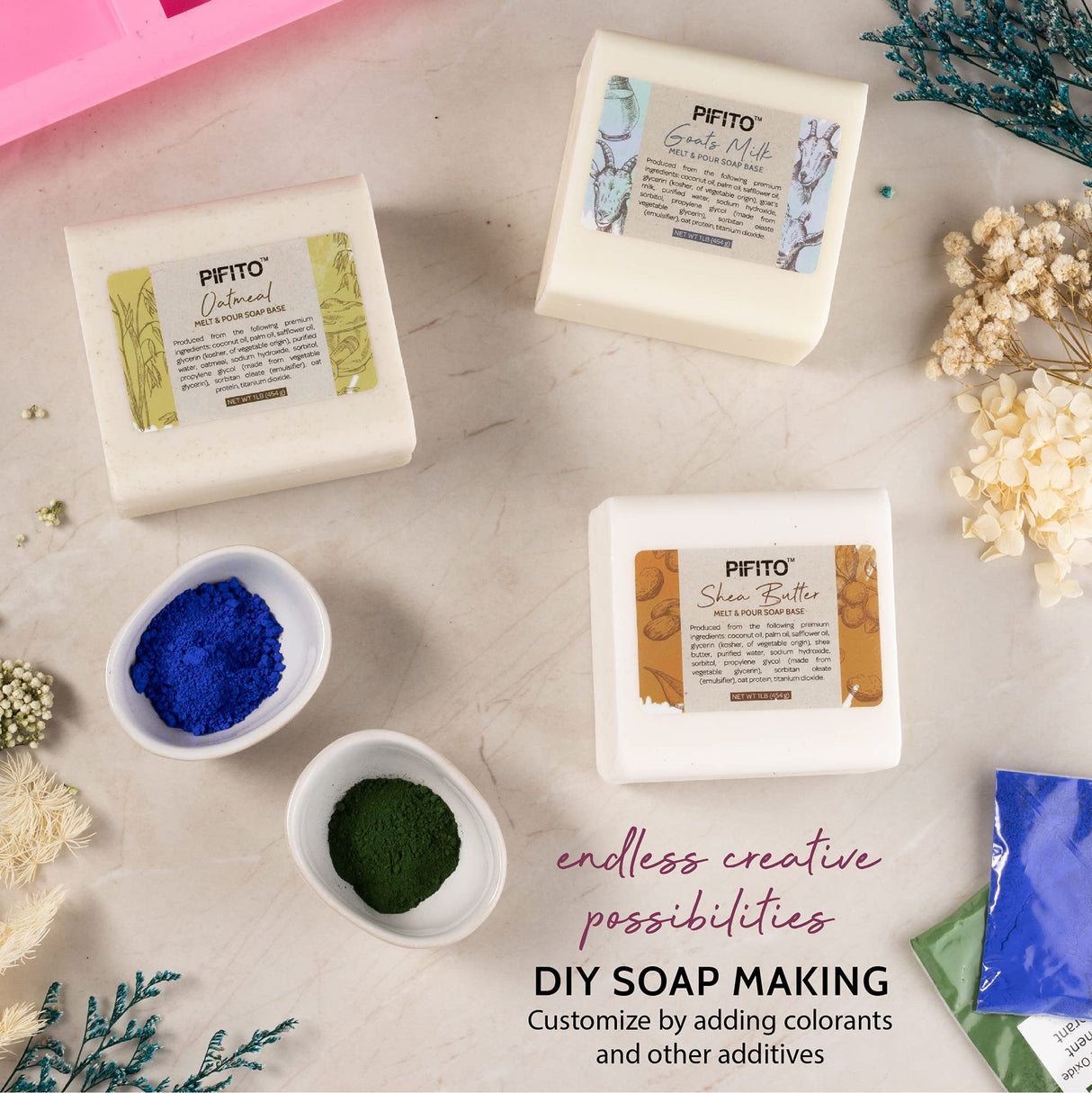 Pifito Soap Making Kit │ DIY Soap Making Supplies - 3 lbs Melt and Pour Soap Base (Shea Butter, Goats Milk, Oatmeal), 8-Pack Oxide Pigment Colorants Sampler, Mold and Instructions Pifito
