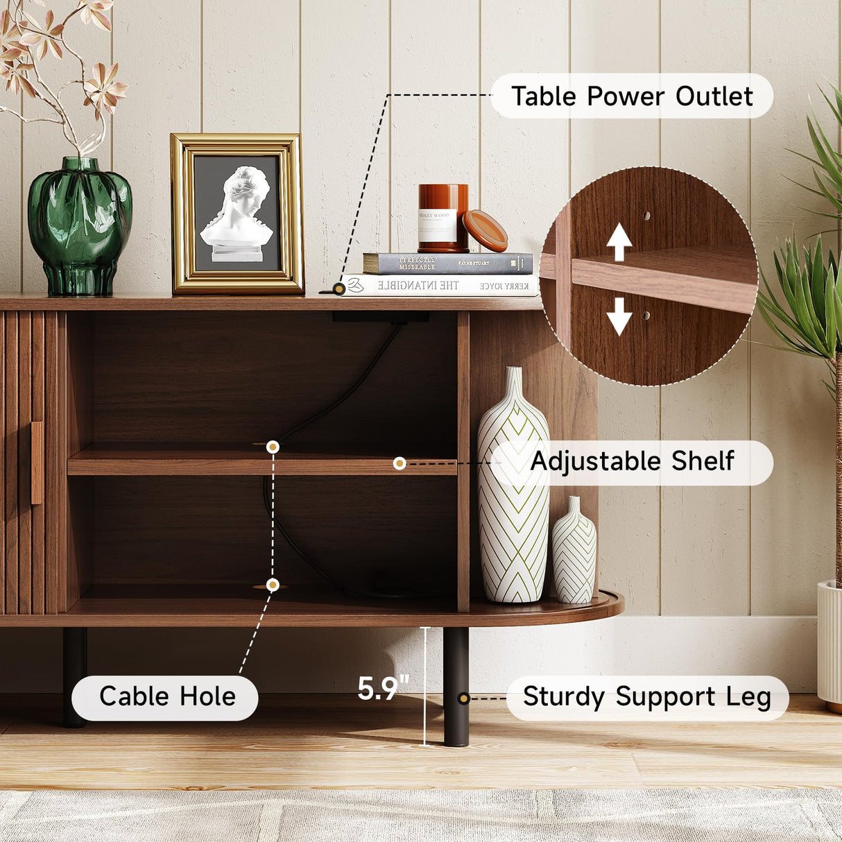 ONBRILL 55" TV Stand with Power Outlet for TVs up to 60 Inch, Entertainment Center with Storage and Adjustable Shelves, Modern Media Console with Sliding Doors for Living Room, Walnut ONBRILL