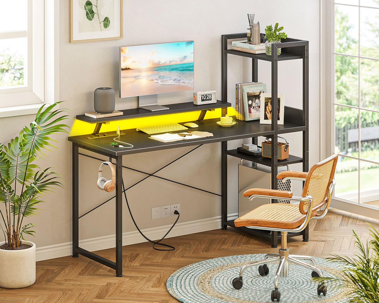 ODK Reversible Gaming Desk with Power Outlets and LED Lights, 48 Inch Computer Desk with Storage Shelves and Monitor Stand, Modern Writing Study Desk for Home Office, Carbon Fiber Black ODK