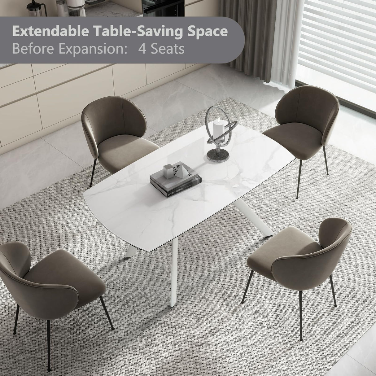 Extendable Dining Table for 6-8 Seat, 55.1'' to 82.7'' Sintered Stone Oval Kitchen Table, Modern Dining Room Table with Rounded Corner for Kitchens, Dining Room, Office Areas(White Glossy Tabletop) SIMTONAL