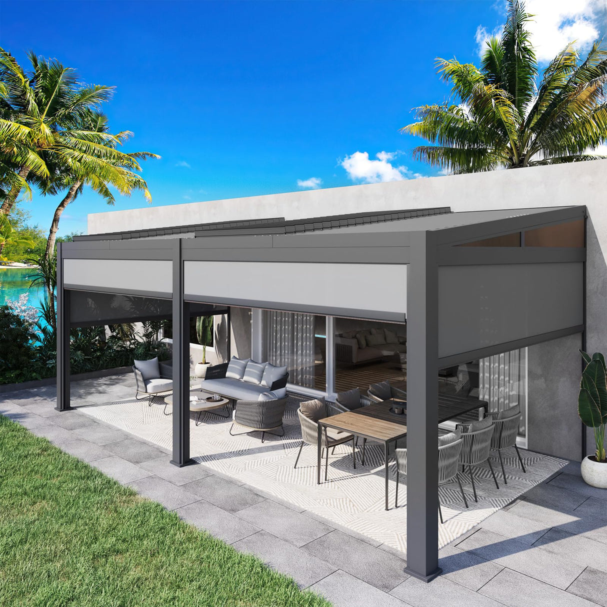 MELLCOM Louvered Pergola with Screen 10x20, Wall-Mounted Adjustable Pergola, Lean to Aluminum Gazebo with 4 Pull-Down Screen Sides and Adjustable Roof for Backyard, Dark Gray MELLCOM