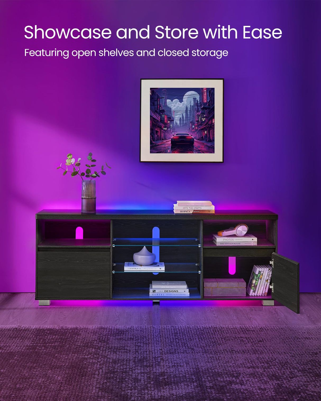 VASAGLE TV Stand with LED Lights for TVs up to 70 Inch, Entertainment Center with Open Glass Shelves, 2 Cabinets with Doors, 63-Inch Long, TV Console for Bedroom Living Room, Black ULTV330T21 VASAGLE