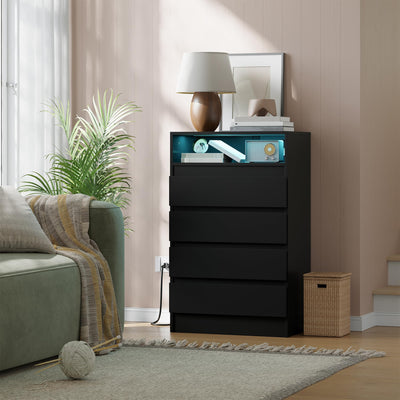 MilleLoom 4 Drawer Dresser with Charging Station and LED Lights, Modern Chest of Drawers with Power Outlet, Organizer Cabinet for Bedroom, Living Room, Entryway, Black