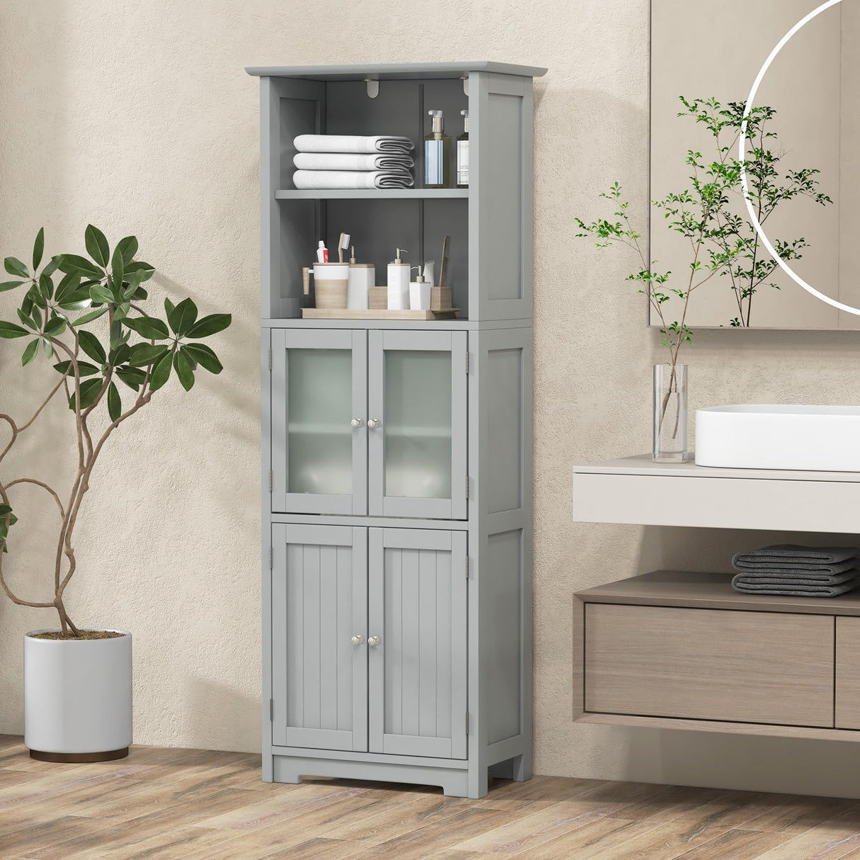 COSTWAY 64” Grey Freestanding Bathroom Storage Cabinet with Glass Doors and Adjustable Shelves COSTWAY