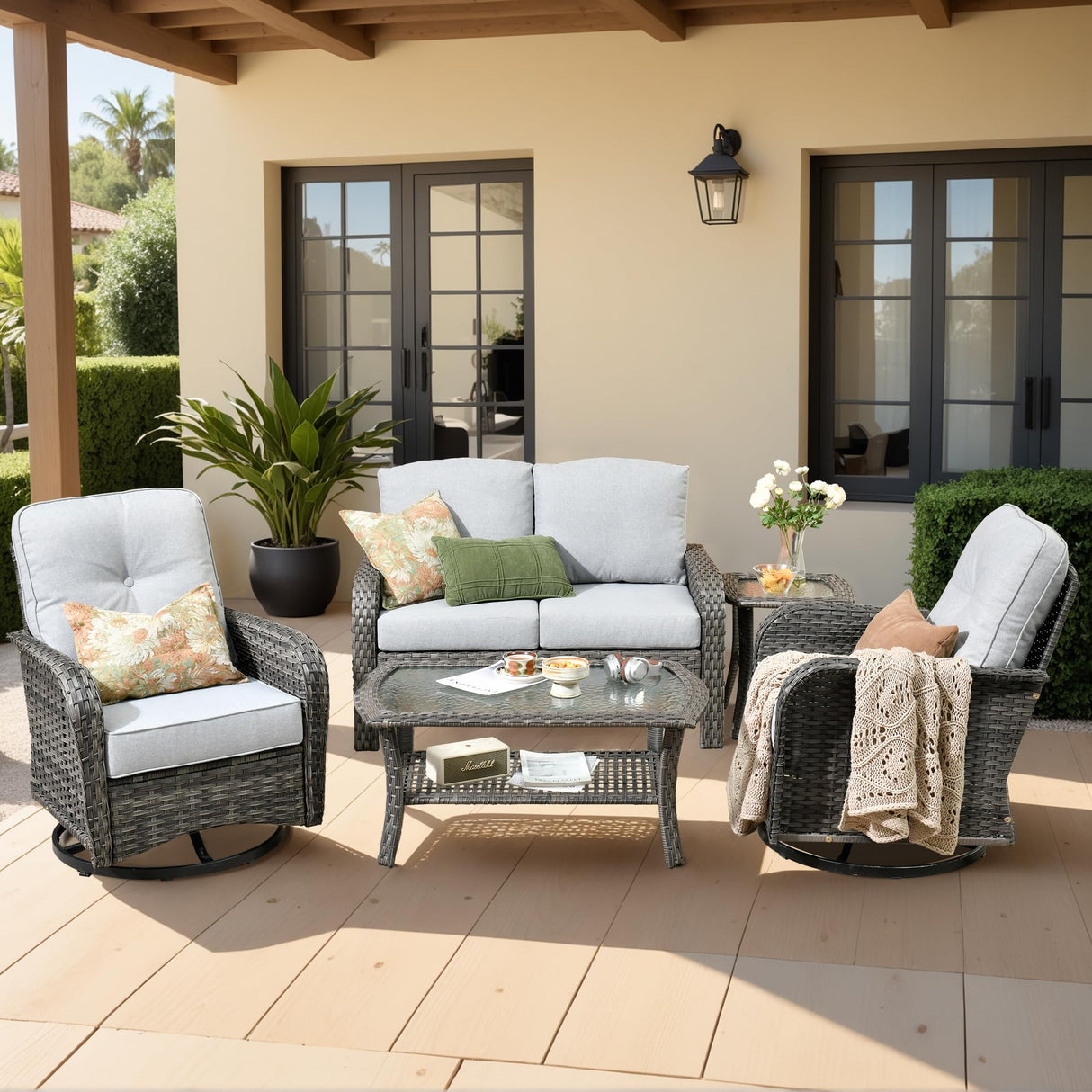 Weaxty Wicker Patio Furniture Set with Swivel Rocker Chairs Outdoor Loveseat Sofa and Rattan Coffee Table, 5 Pieces Outdoor Conversation Sets for Patio Porch Deck Backyard Poolside, Light Gray weaxty W