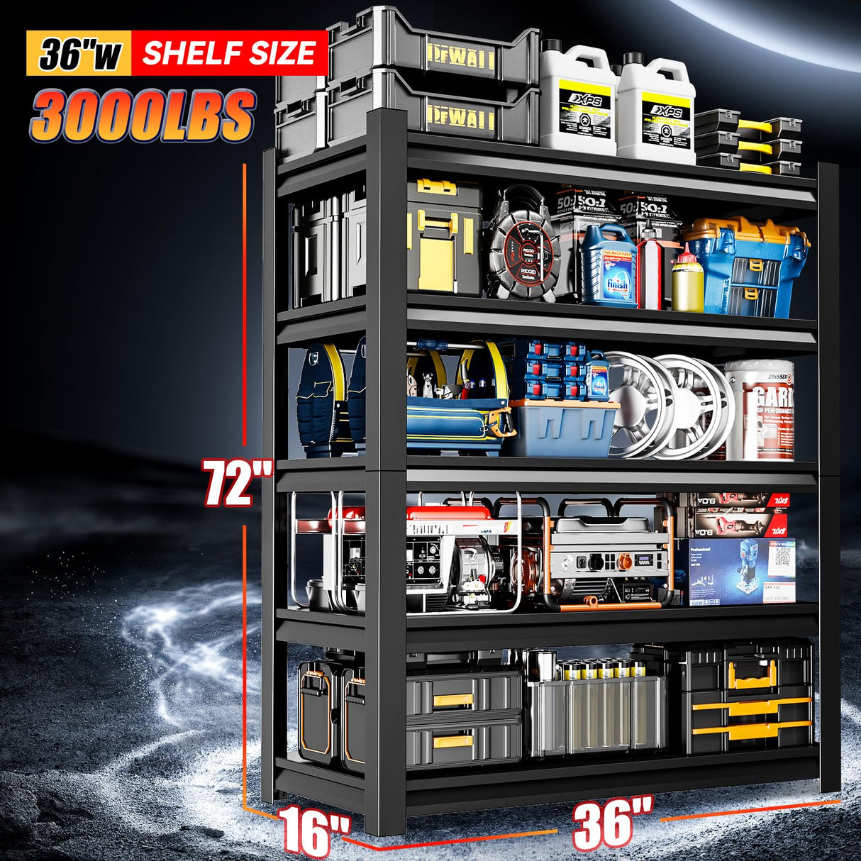 Welfiya 36" W Garage Shelving,5-Tier Heavy Duty Shelving Unit,3000LBS Adjustable Metal Storage Shelves,Storage Rack Units for Industrie,Shed,Warehouse,Basement,Black,36" W x 16" D x 72" H Welfiya