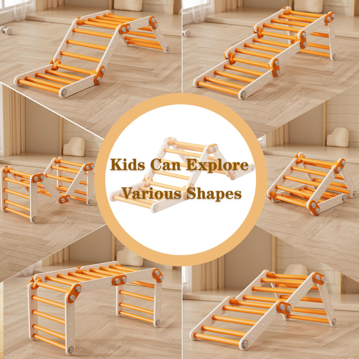 HTWELL Toddler Climbing Toys,Kids Pikler Triangle Set,Montessori Play Gym,Multifunction Foldable Indoor Climbing Gym for Kids(Orange) HTWELL