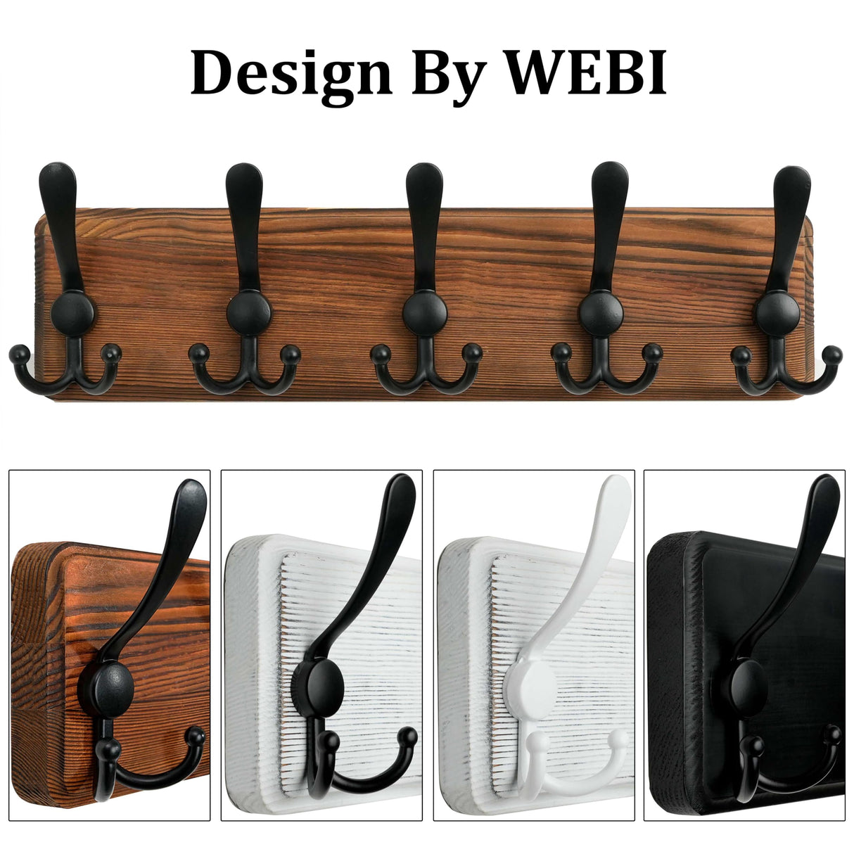 WEBI Rustic Coat Rack Wall Mount,Coat Hooks Wall Mounted,16" Hole to Hole,Wood Coat Hanger Wall,Hook Rack Rail,5 Triple Hooks for Hanging Coats,Jacket,Clothes,Brown WEBI