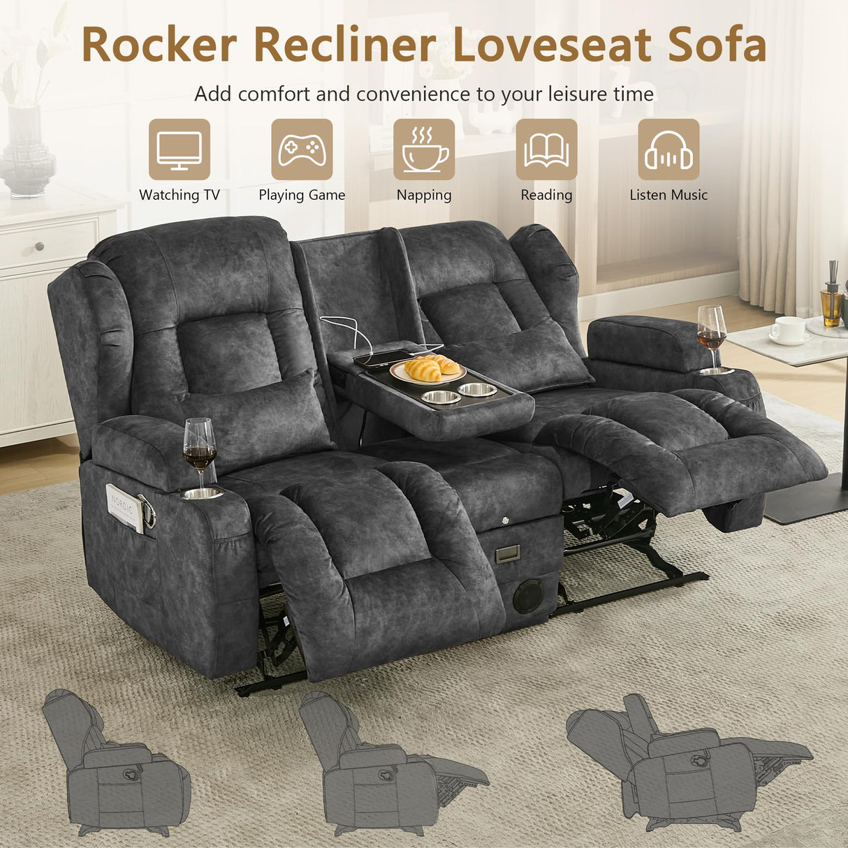 URRED Loveseat Rocker Recliner Sofa with Console, Manual Reclining Loveseat RV Couch Double Rocking Chair Nursery with Cup Holders, Side Pocket, Bluetooth Speaker, USB, Outlets (Grey) URRED