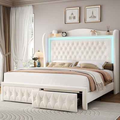 Keyluv 55" Tall Velvet Upholstered King Bed Frame with LED Lights and 2 Storage Drawers