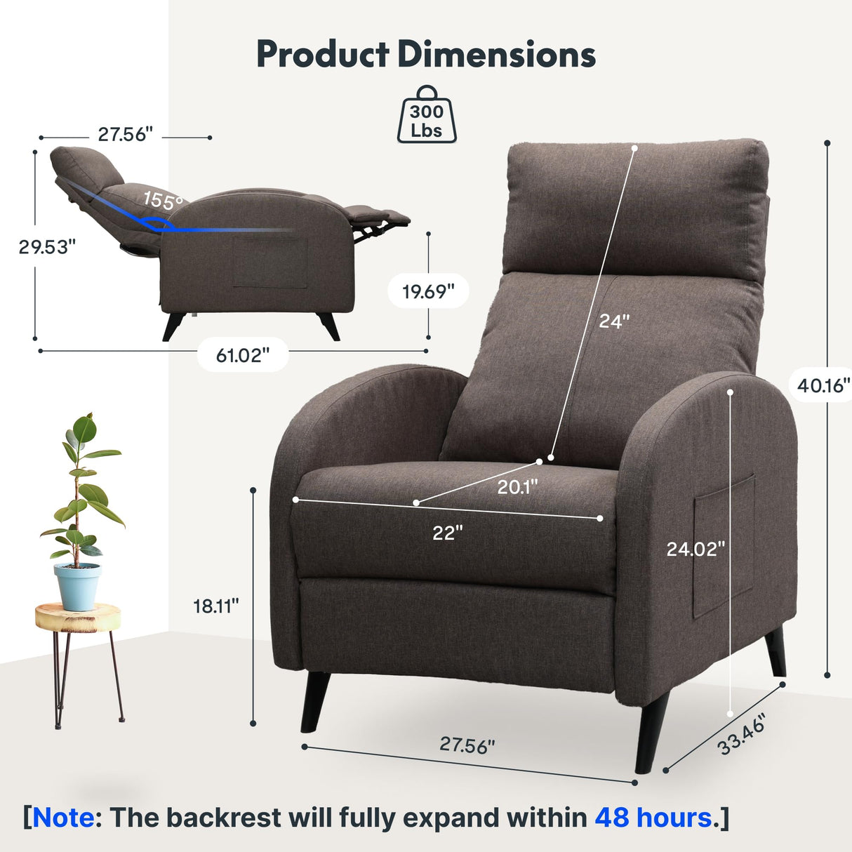FLEXISPOT XC2 Recliner Chair for Adults, Fabric Small Reclining Chair Home Theater Seating with Side Pockets, Adjustable Modern Single Sofa Armchair, Extended Footrest for Living Room(Brown) FLEXISPOT