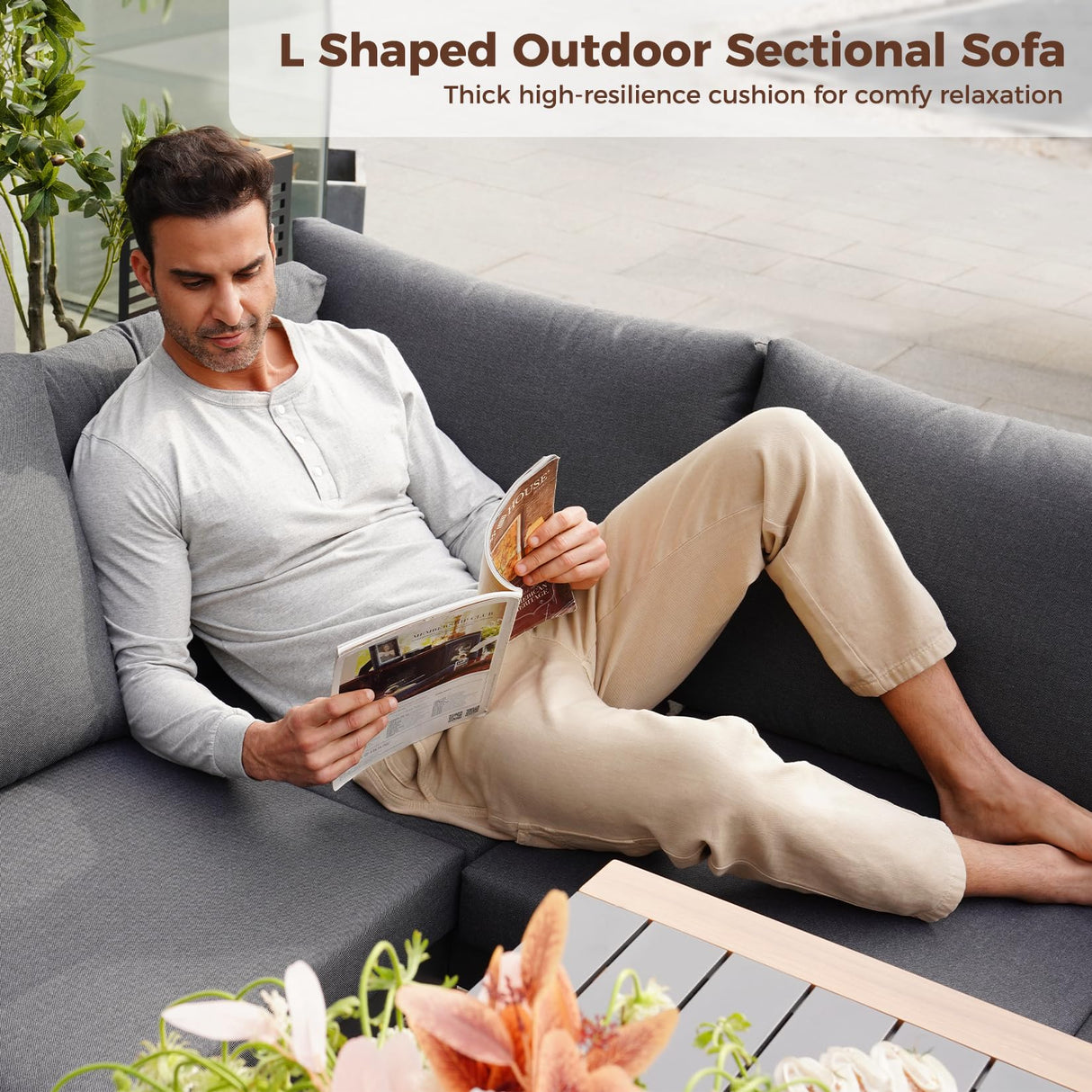 Grand patio Aluminum Patio Furniture Set, L Shaped Outdoor Sectional Sofa with Dining Table and Bench, Modern Outdoor Conversation Couch with Chaise, Faux Wood Grain Finish Grand patio