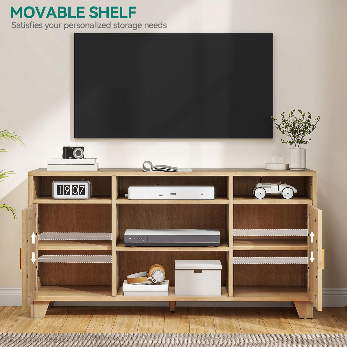 YITAHOME TV Stand for 65 Inch TV, Boho Entertainment Center with Rattan Doors, Storage Cabinets and Open Shelves, Long Boho Media Console for Living Room YITAHOME