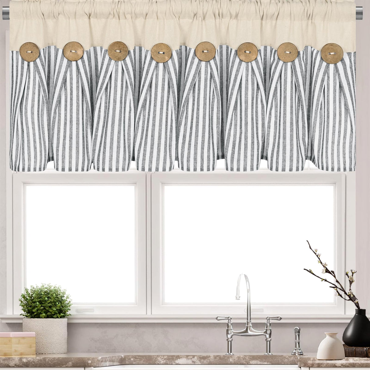 ASPMIZ Cotton Linen Kitchen Valance Curtains, Boho Rustic Button Linen Valances for Windows Farmhouse, Grey Stripe Valance Window Topper Treatment, Window Valances for RV Bathroom Cafe, 52 x 18 Inch ASPMIZ