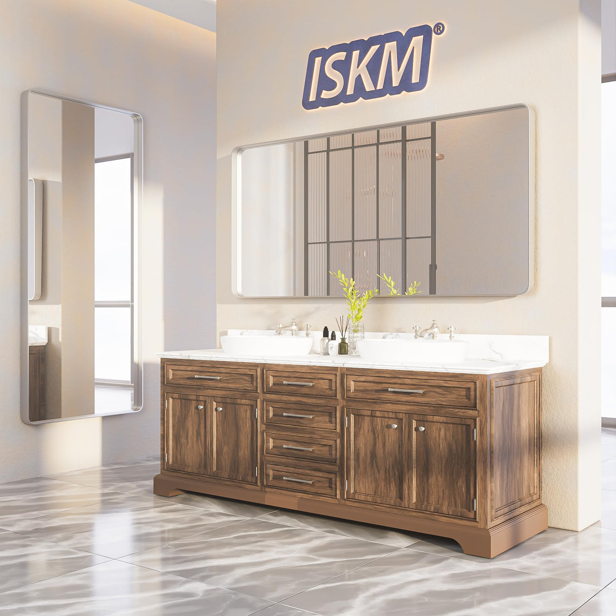 ISKM Brushed Silver Bathroom Mirror, 55 x 30 Inch Rounded Rectangle Silver Metal Frame Mirror for Wall Modern Vanity Mirror (Horizontal/Vertical) ISKM