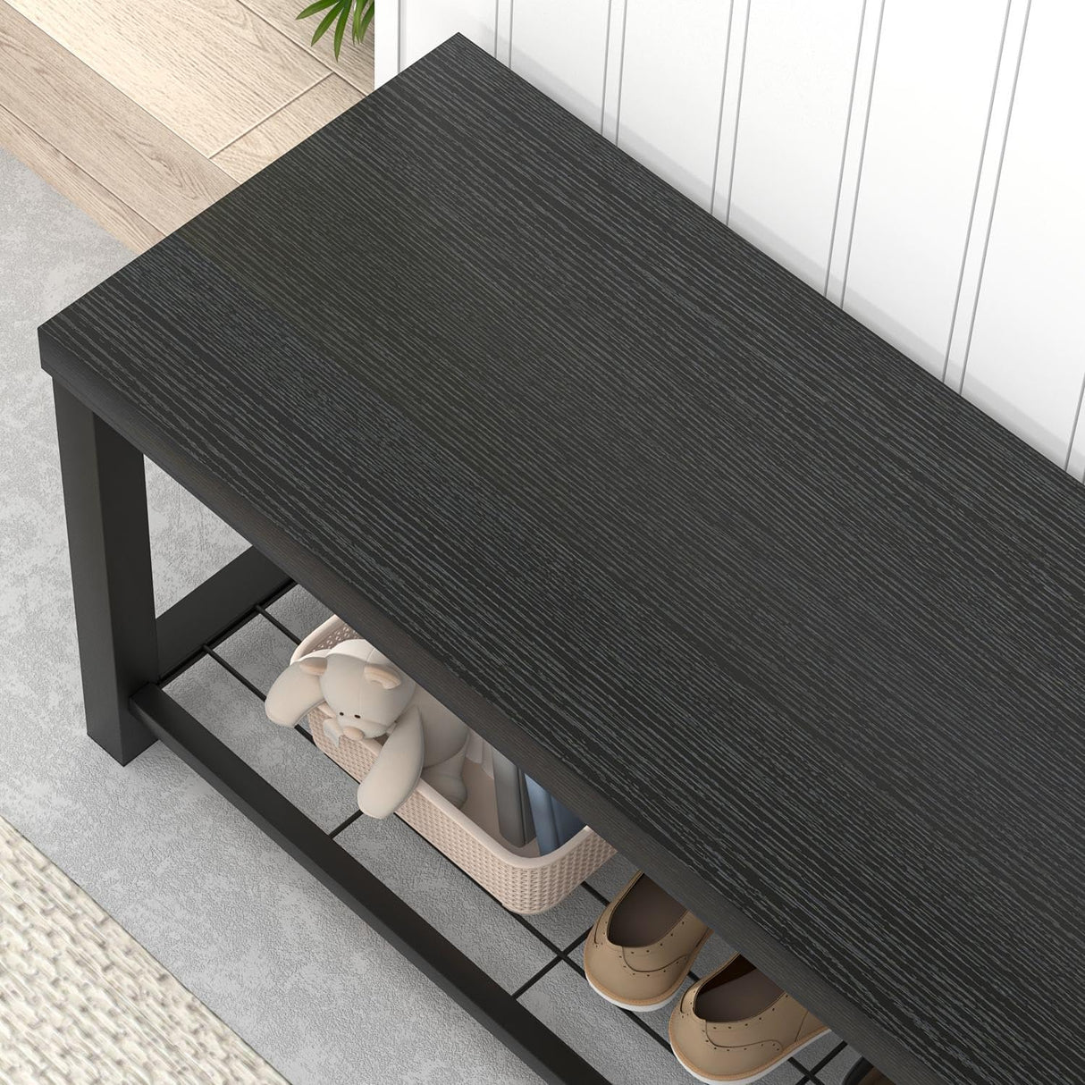 EXCEFUR Entryway Bench, Modern Wood and Metal Storage Bench for Hallway Front Door Entrance, Industrial Indoor Shoe Rack Bench Seat for Bedroom Living Room, 43.3 Inch Black EXCEFUR