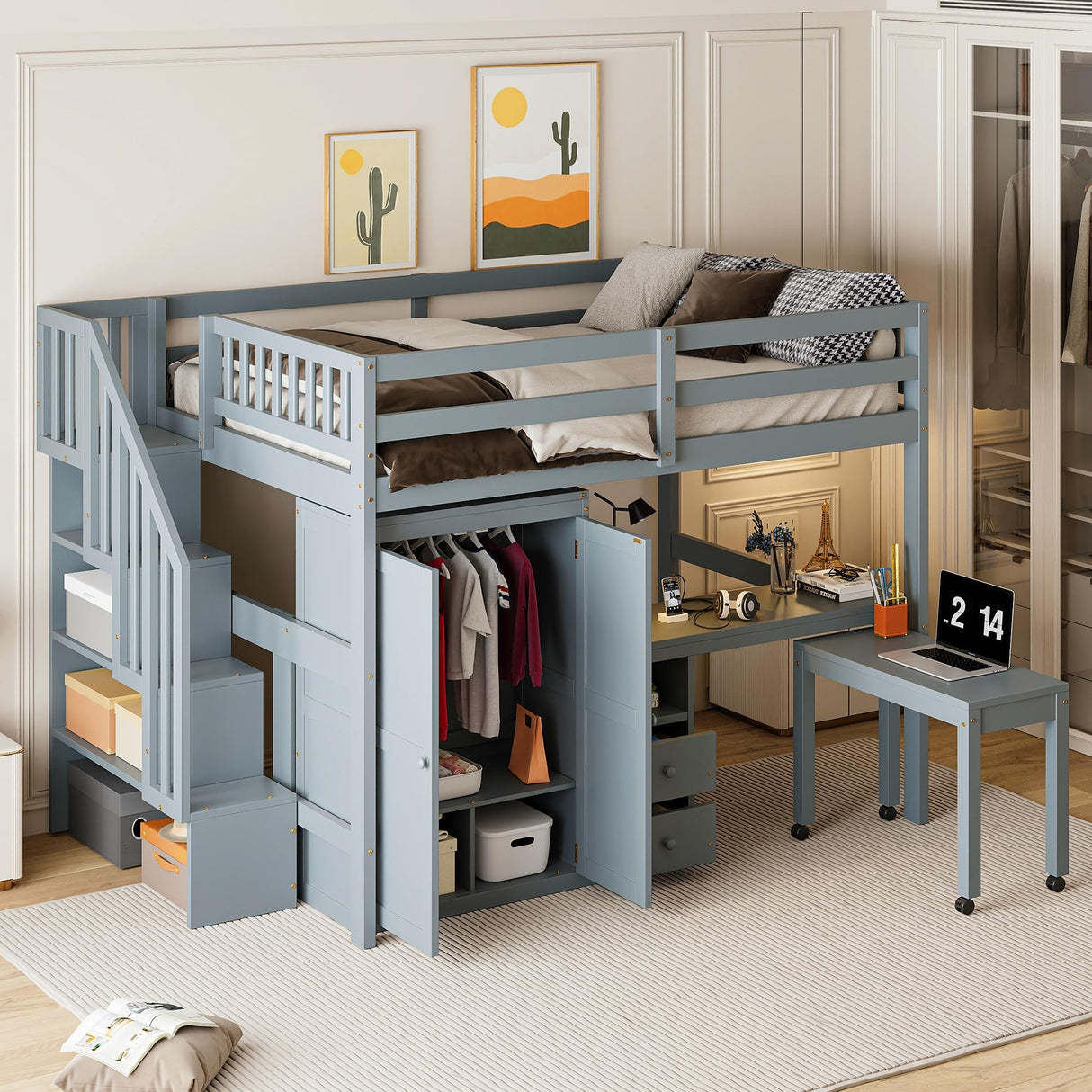 Full Size Wood Loft Bed with Desk,Wardrobe and Stairs, Bookshelf and Drawers,for Kids Teens Adults Bedroom Use (Gray#X, Full) Brabrety